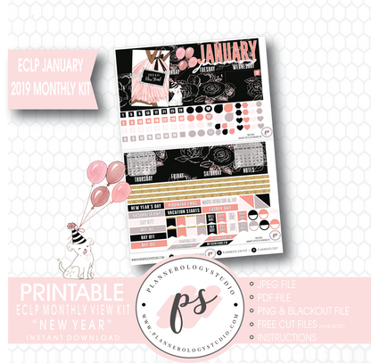 New Year January 2019 Monthly View Kit Digital Printable Planner Stickers (for use with Erin Condren) - Plannerologystudio
