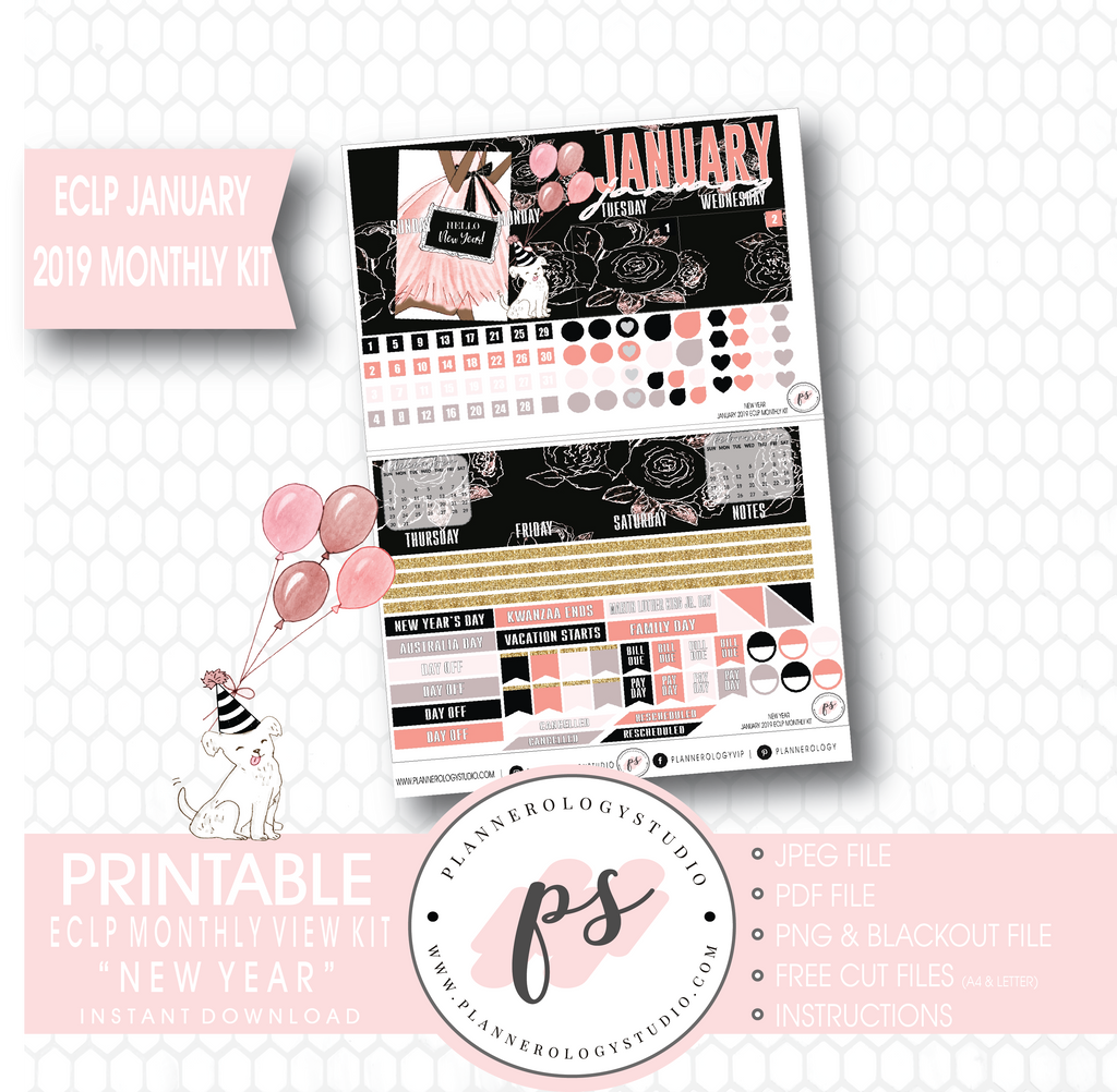 New Year January 2019 Monthly View Kit Digital Printable Planner Stickers (for use with Erin Condren) - Plannerologystudio