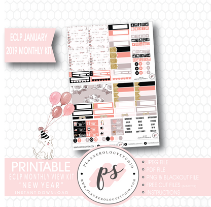 New Year January 2019 Monthly View Kit Digital Printable Planner Stickers (for use with Erin Condren) - Plannerologystudio