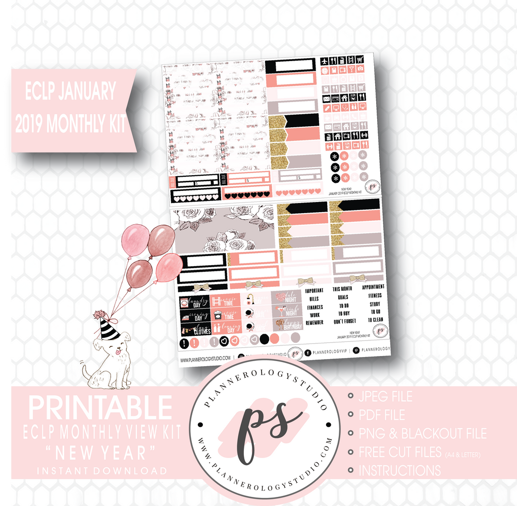 New Year January 2019 Monthly View Kit Digital Printable Planner Stickers (for use with Erin Condren) - Plannerologystudio