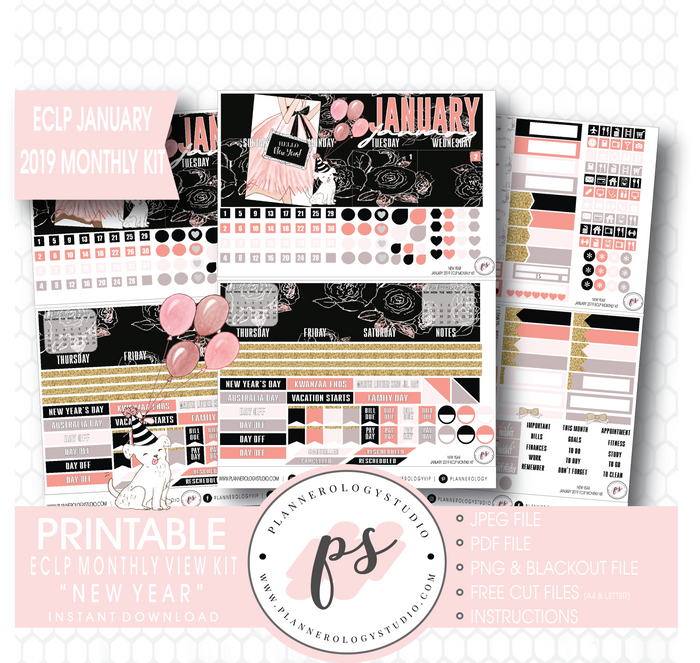 New Year January 2019 Monthly View Kit Digital Printable Planner Stickers (for use with Erin Condren) - Plannerologystudio