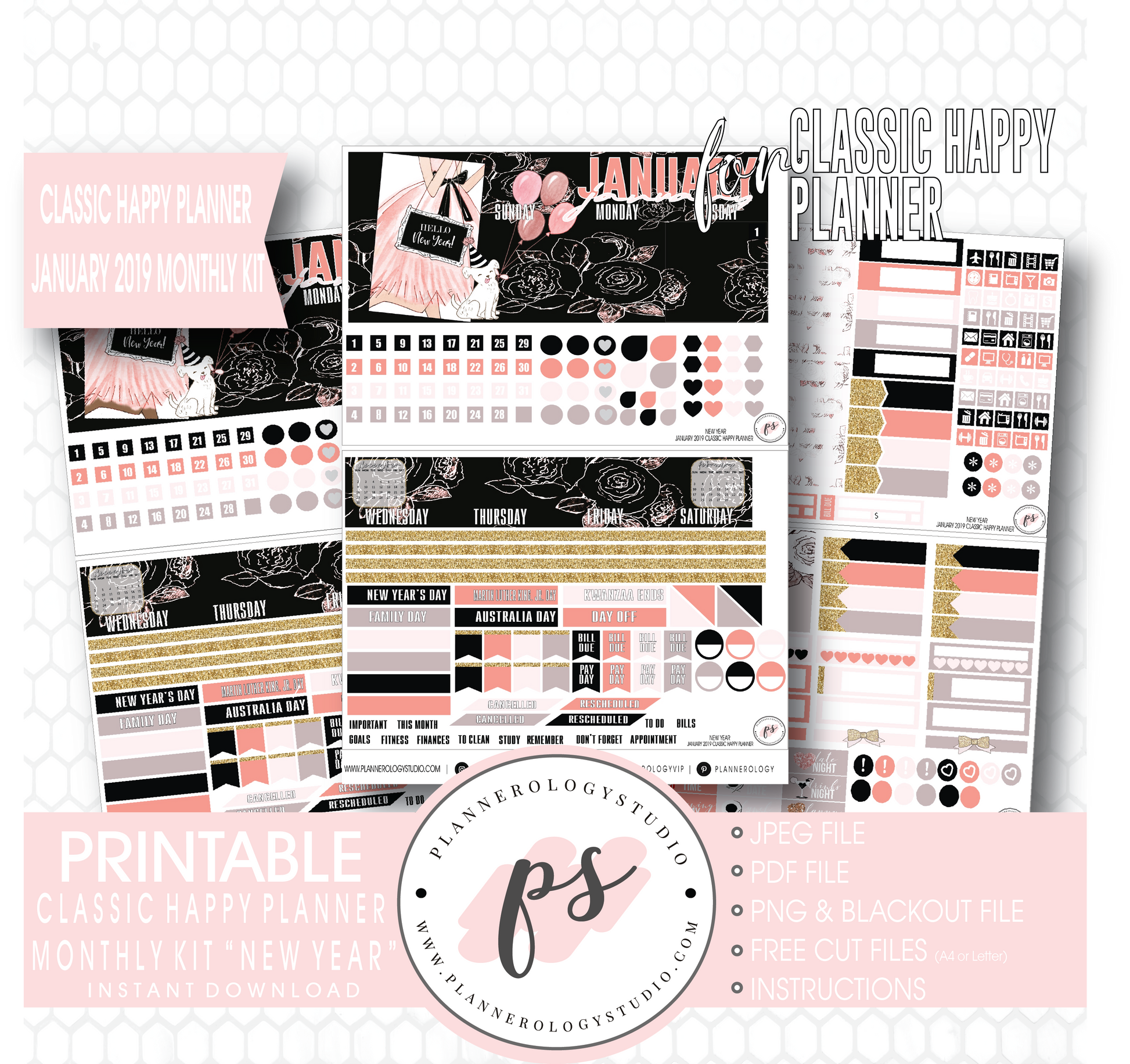 New Year January 2019 Monthly View Kit Digital Printable Planner Stickers (for use with Classic Happy Planner) - Plannerologystudio