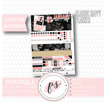 New Year January 2019 Monthly View Kit Digital Printable Planner Stickers (for use with Classic Happy Planner) - Plannerologystudio