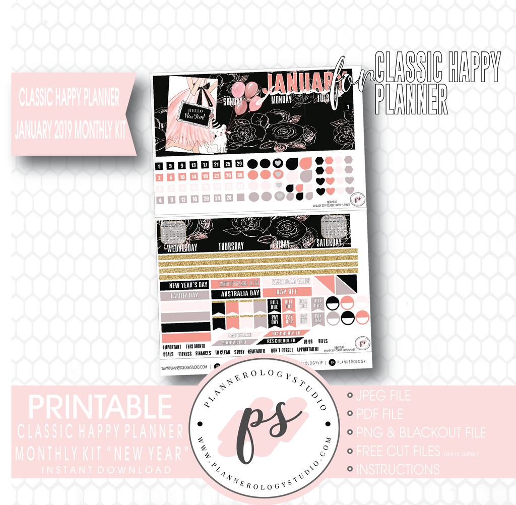 New Year January 2019 Monthly View Kit Digital Printable Planner Stickers (for use with Classic Happy Planner) - Plannerologystudio