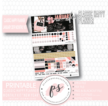 New Year January 2019 Monthly View Kit Digital Printable Planner Stickers (for use with Classic Happy Planner) - Plannerologystudio