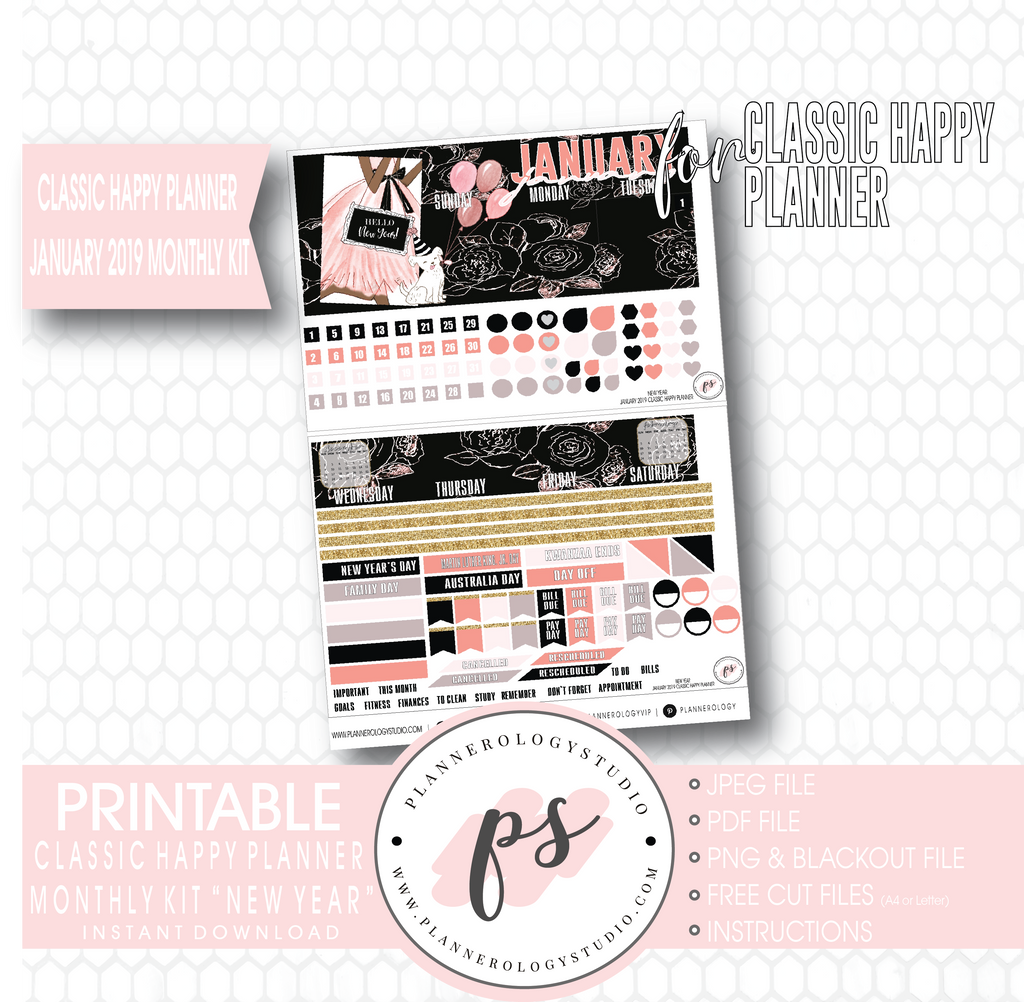 New Year January 2019 Monthly View Kit Digital Printable Planner Stickers (for use with Classic Happy Planner) - Plannerologystudio