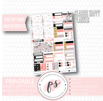 New Year January 2019 Monthly View Kit Digital Printable Planner Stickers (for use with Classic Happy Planner) - Plannerologystudio