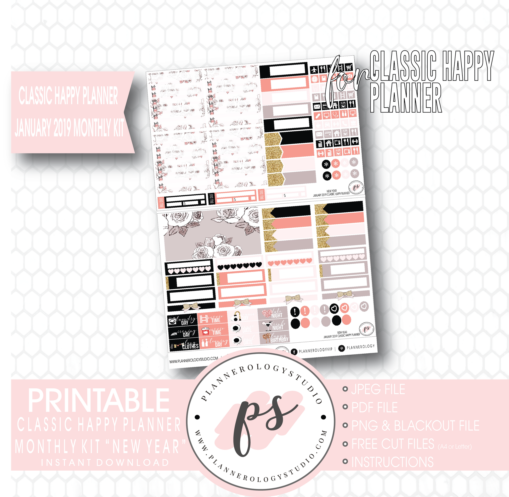 New Year January 2019 Monthly View Kit Digital Printable Planner Stickers (for use with Classic Happy Planner) - Plannerologystudio
