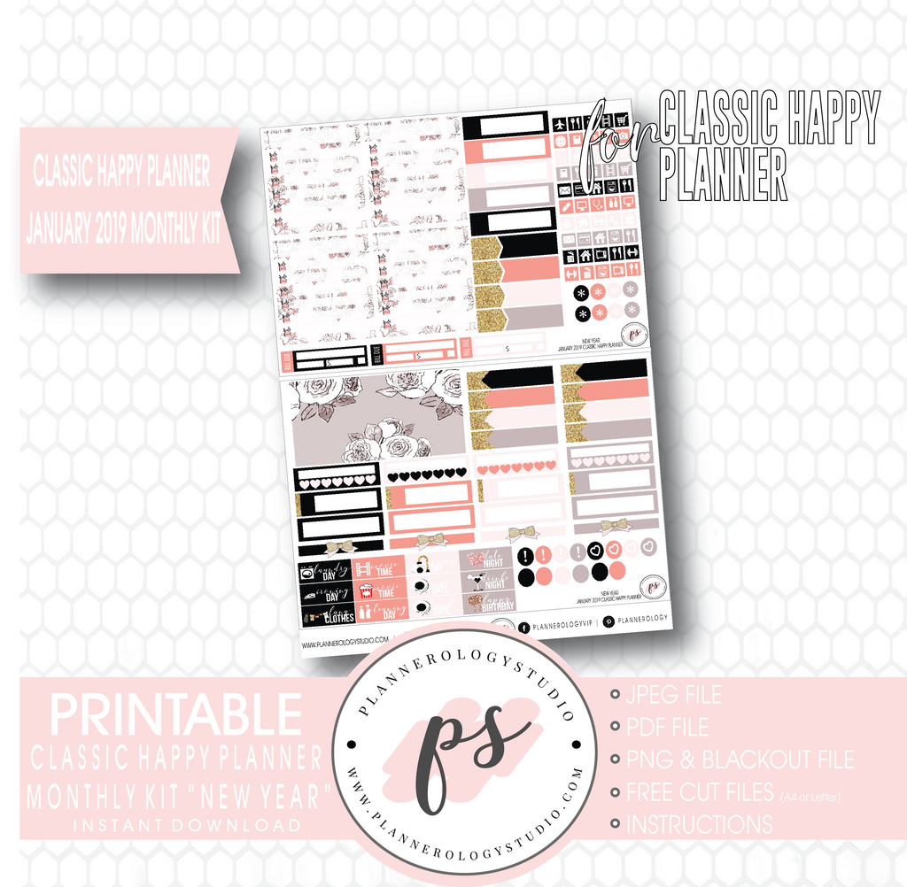New Year January 2019 Monthly View Kit Digital Printable Planner Stickers (for use with Classic Happy Planner) - Plannerologystudio