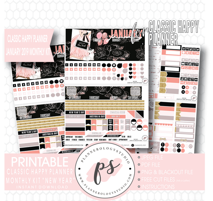 New Year January 2019 Monthly View Kit Digital Printable Planner Stickers (for use with Classic Happy Planner) - Plannerologystudio