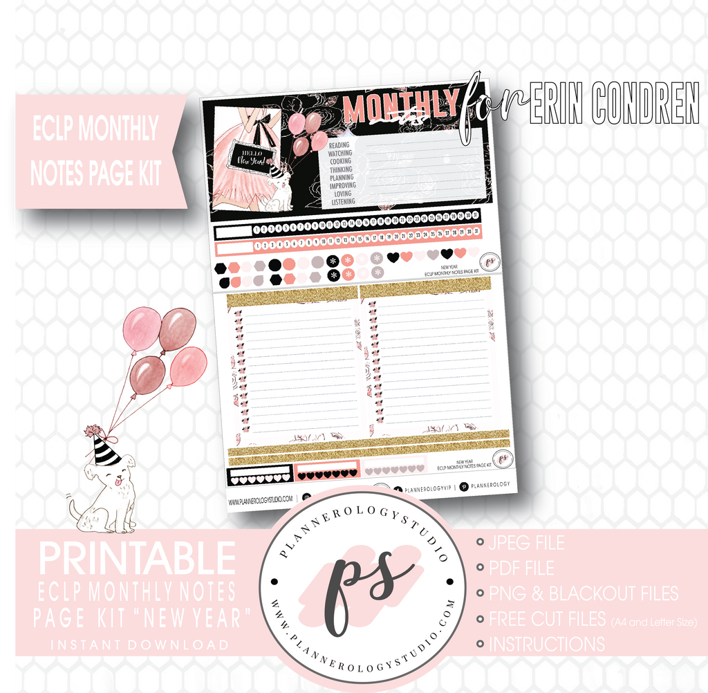 New Year Monthly Notes Page Kit Digital Printable Planner Stickers (for use with Erin Condren) - Plannerologystudio