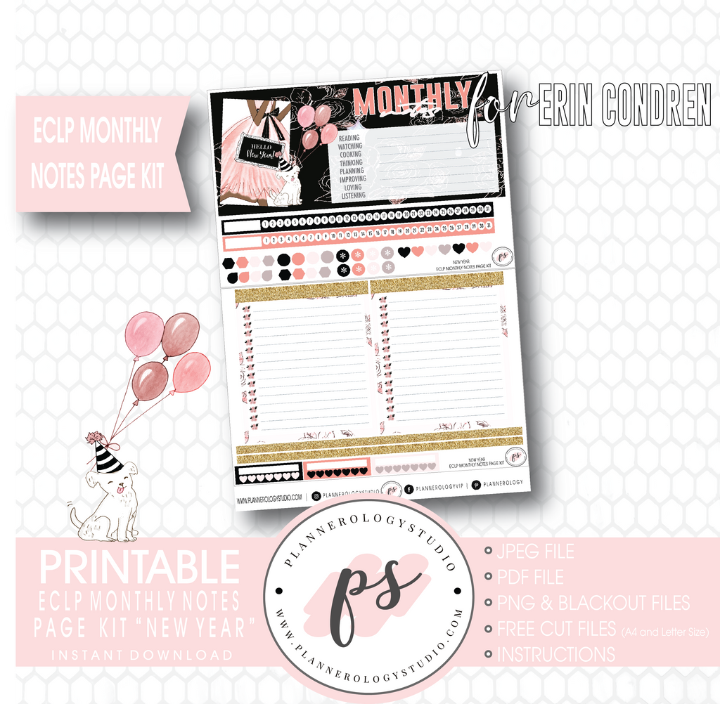 New Year Monthly Notes Page Kit Digital Printable Planner Stickers (for use with Erin Condren) - Plannerologystudio