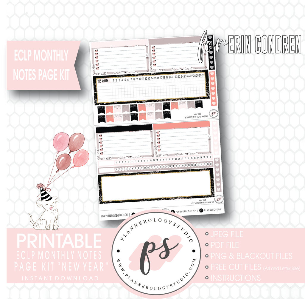 New Year Monthly Notes Page Kit Digital Printable Planner Stickers (for use with Erin Condren) - Plannerologystudio