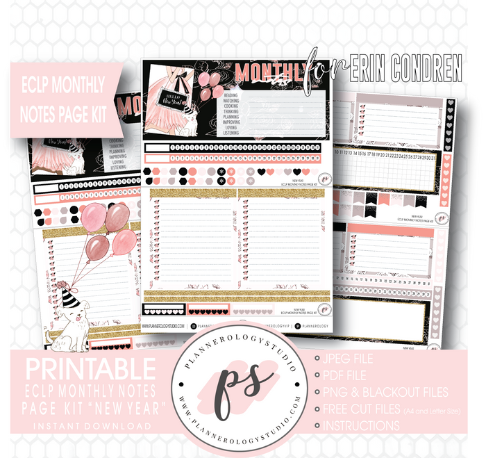 New Year Monthly Notes Page Kit Digital Printable Planner Stickers (for use with Erin Condren) - Plannerologystudio