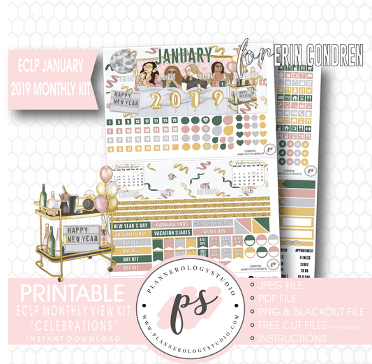 Celebrations New Years January 2019 Monthly View Kit Digital Printable Planner Stickers (for use with Erin Condren) - Plannerologystudio