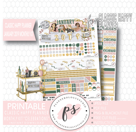 Celebrations New Years January 2019 Monthly View Kit Digital Printable Planner Stickers (for use with Classic Happy Planner) - Plannerologystudio
