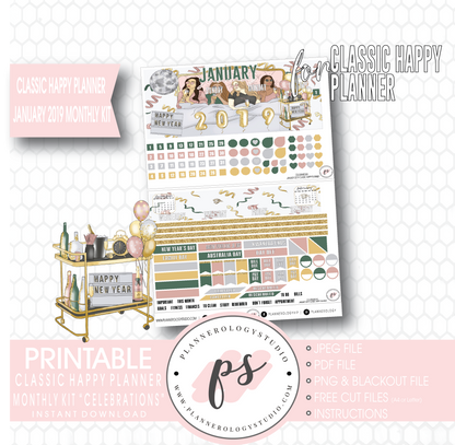 Celebrations New Years January 2019 Monthly View Kit Digital Printable Planner Stickers (for use with Classic Happy Planner) - Plannerologystudio