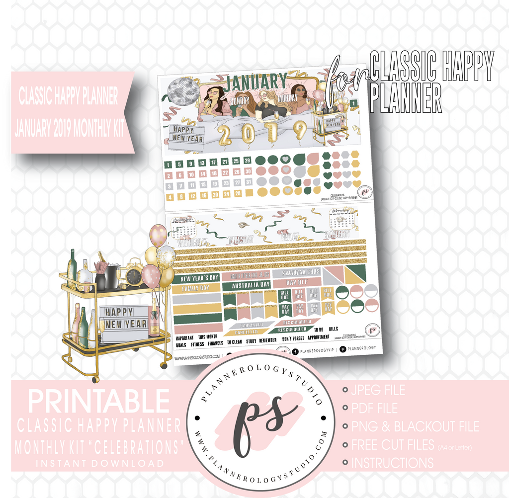 Celebrations New Years January 2019 Monthly View Kit Digital Printable Planner Stickers (for use with Classic Happy Planner) - Plannerologystudio