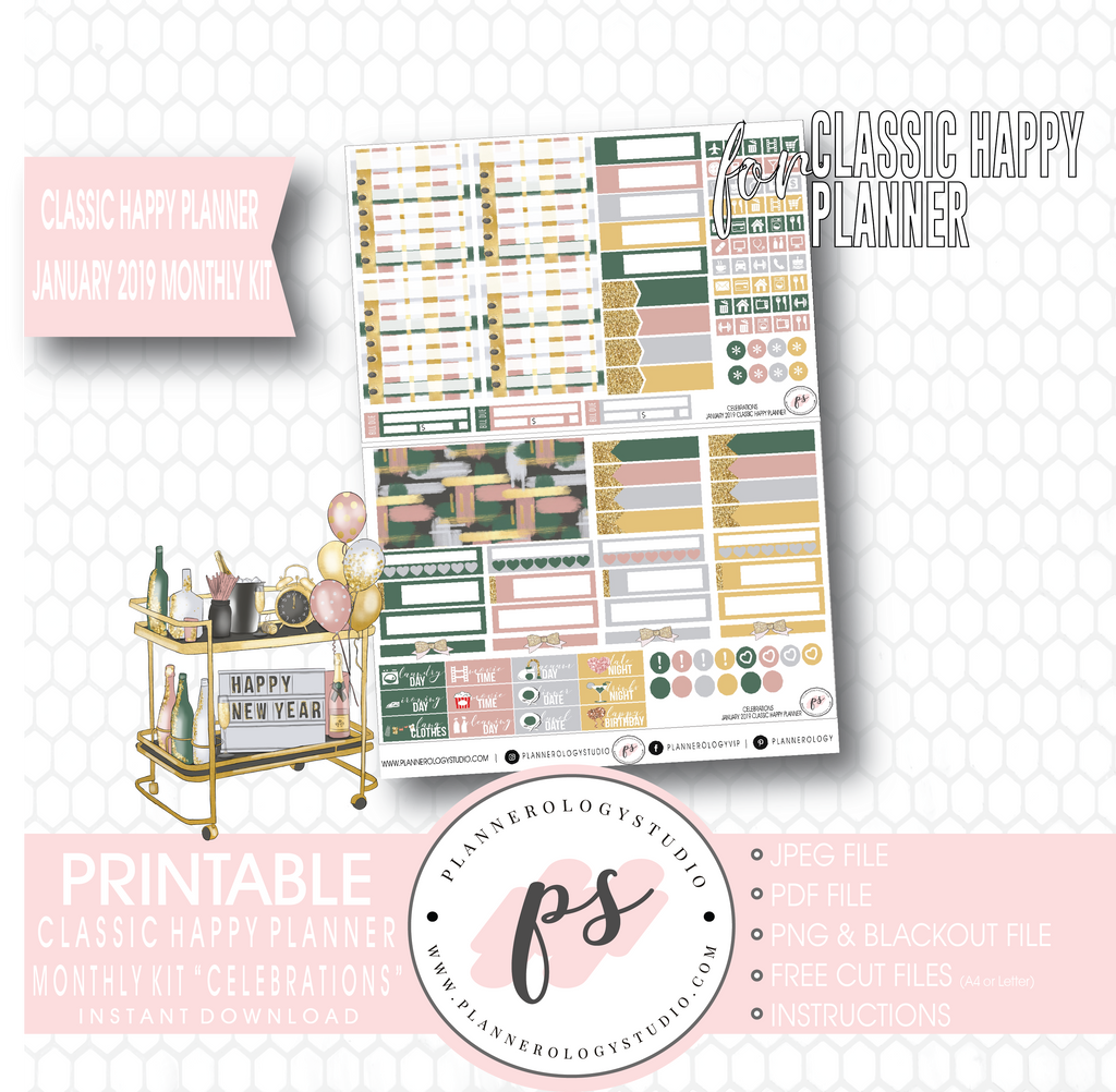 Celebrations New Years January 2019 Monthly View Kit Digital Printable Planner Stickers (for use with Classic Happy Planner) - Plannerologystudio