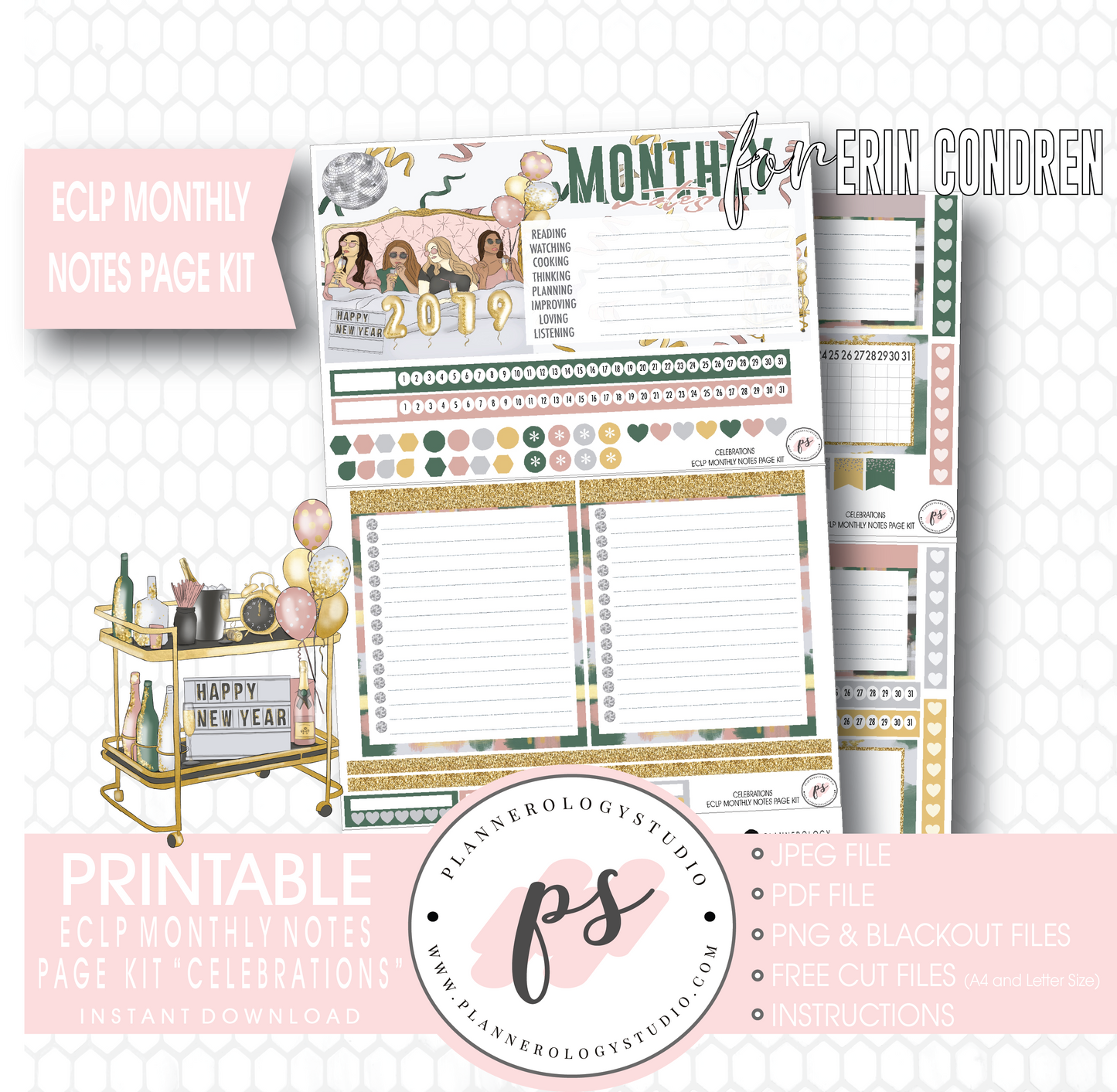 Celebrations New Years Monthly Notes Page Kit Digital Printable Planner Stickers (for use with Erin Condren) - Plannerologystudio