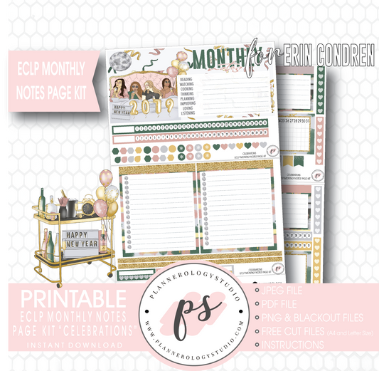 Celebrations New Years Monthly Notes Page Kit Digital Printable Planner Stickers (for use with Erin Condren) - Plannerologystudio