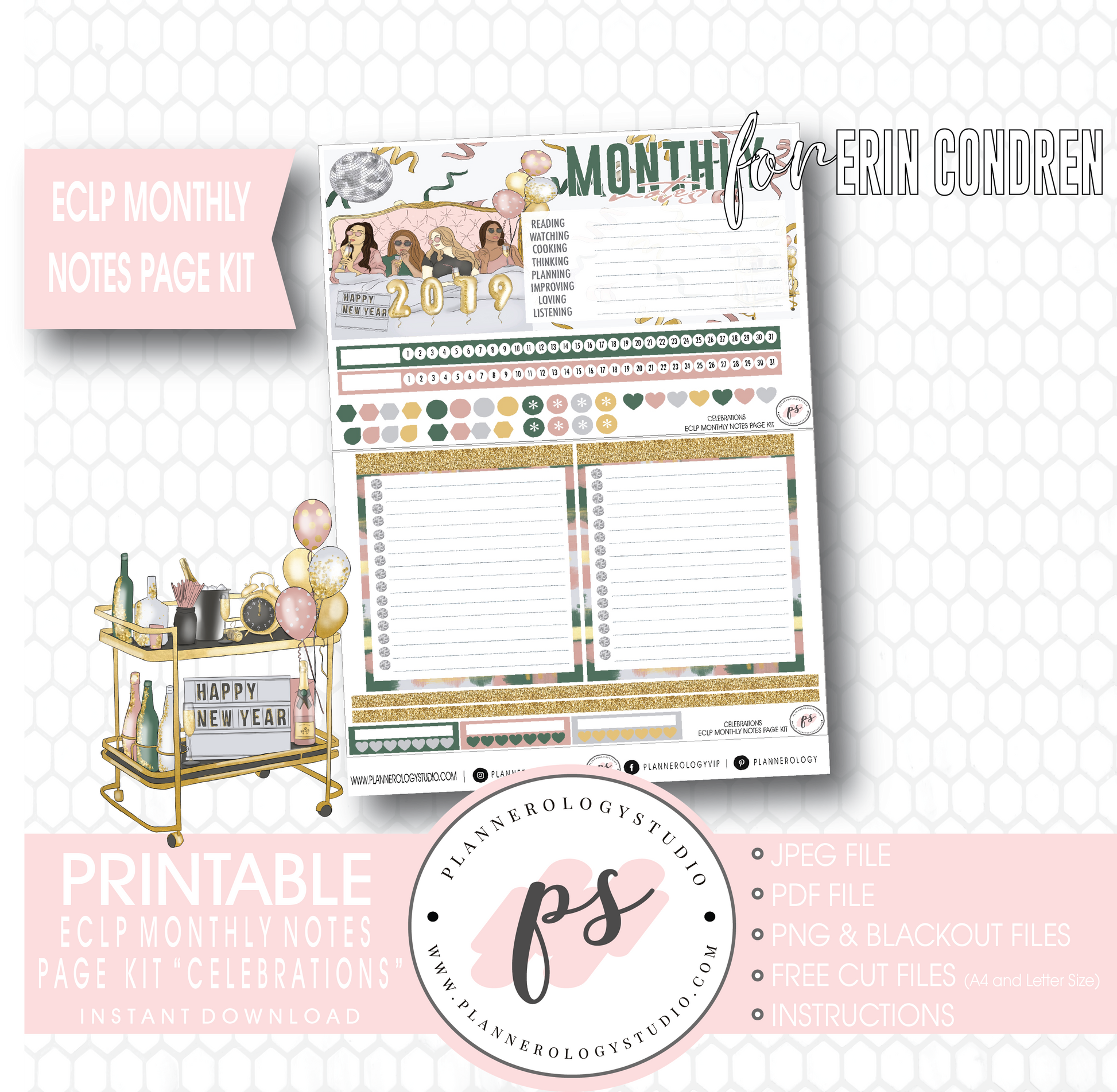 Celebrations New Years Monthly Notes Page Kit Digital Printable Planner Stickers (for use with Erin Condren) - Plannerologystudio