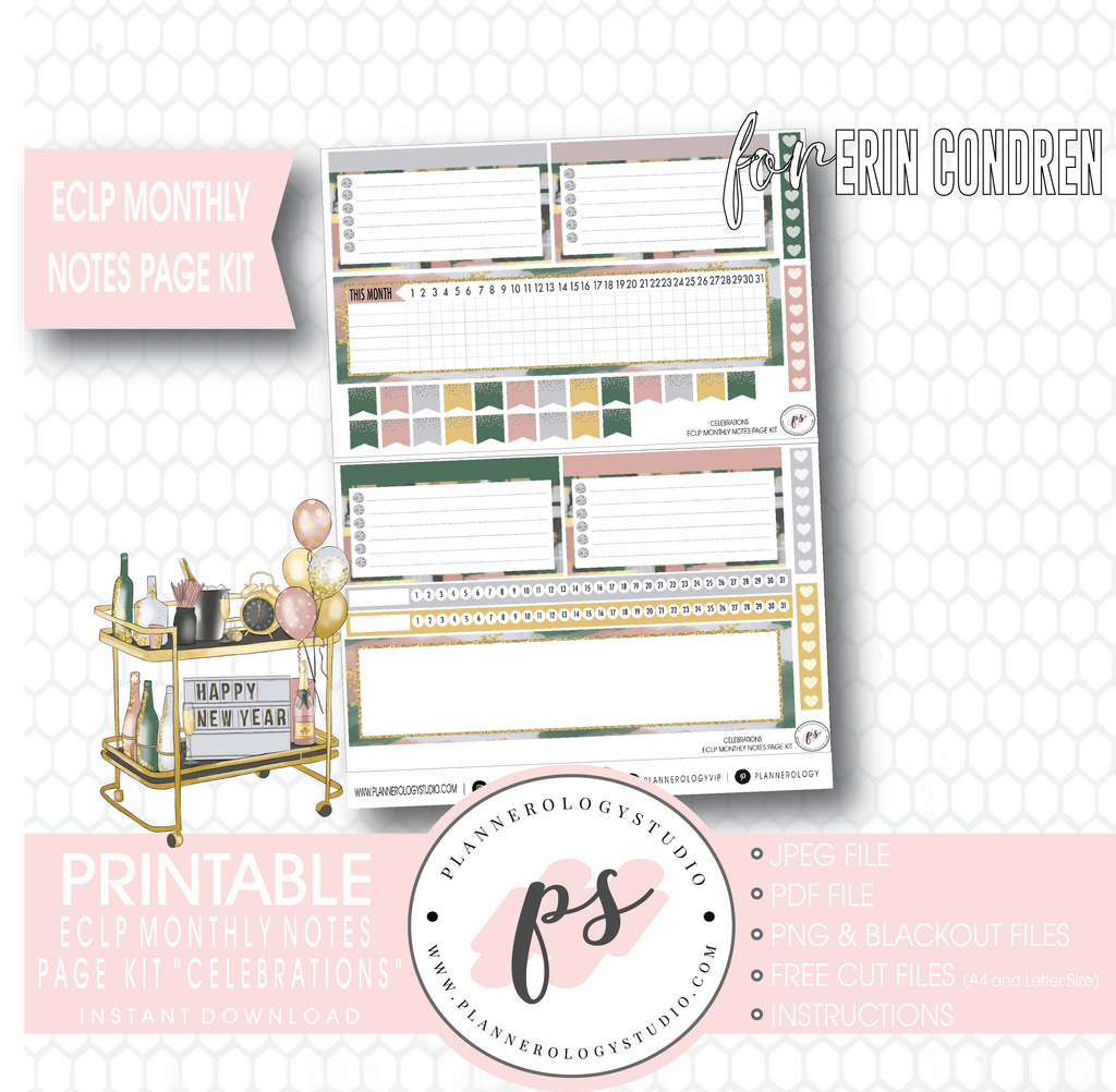 Celebrations New Years Monthly Notes Page Kit Digital Printable Planner Stickers (for use with Erin Condren) - Plannerologystudio