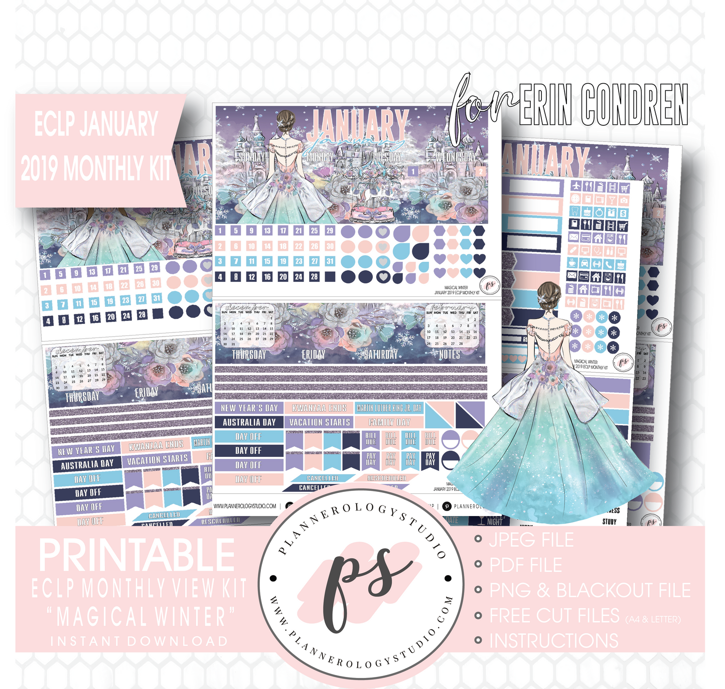 Magical Winter January 2019 Monthly View Kit Digital Printable Planner Stickers (for use with Erin Condren) - Plannerologystudio