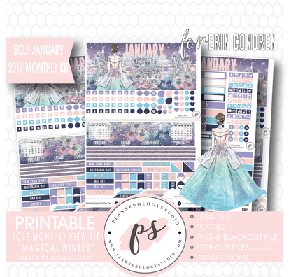 Magical Winter January 2019 Monthly View Kit Digital Printable Planner Stickers (for use with Erin Condren) - Plannerologystudio