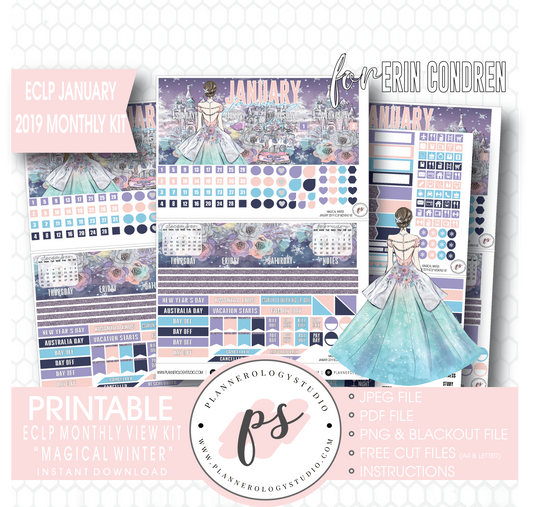 Magical Winter January 2019 Monthly View Kit Digital Printable Planner Stickers (for use with Erin Condren) - Plannerologystudio