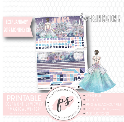 Magical Winter January 2019 Monthly View Kit Digital Printable Planner Stickers (for use with Erin Condren) - Plannerologystudio