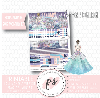 Magical Winter January 2019 Monthly View Kit Digital Printable Planner Stickers (for use with Erin Condren) - Plannerologystudio