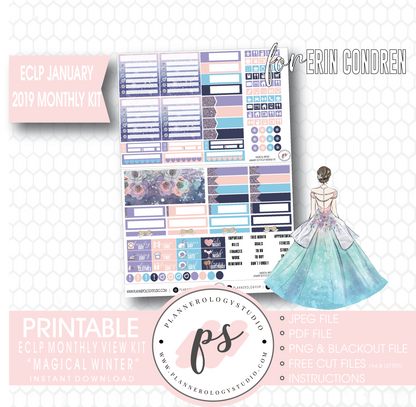 Magical Winter January 2019 Monthly View Kit Digital Printable Planner Stickers (for use with Erin Condren) - Plannerologystudio