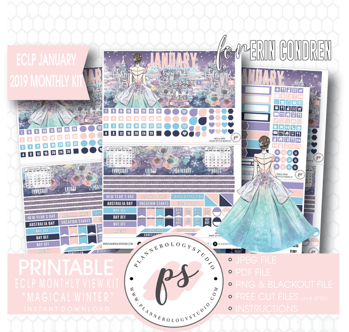 Magical Winter January 2019 Monthly View Kit Digital Printable Planner Stickers (for use with Erin Condren) - Plannerologystudio