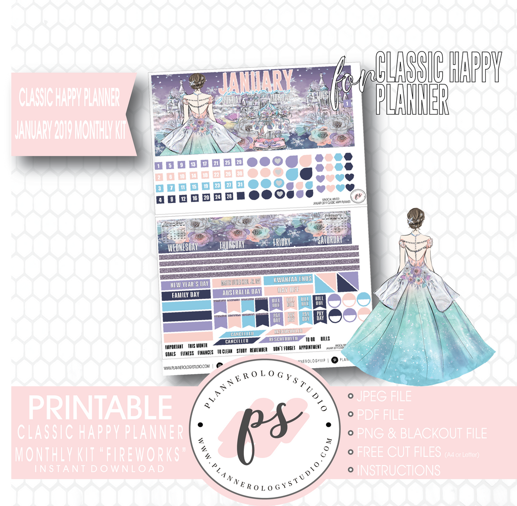 Magical Winter January 2019 Monthly View Kit Digital Printable Planner Stickers (for use with Classic Happy Planner) - Plannerologystudio