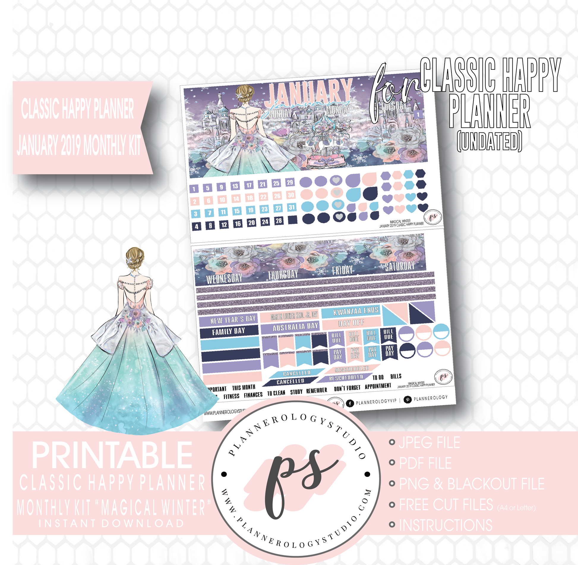 Magical Winter January 2019 Monthly View Kit Digital Printable Planner Stickers (for use with Classic Happy Planner) (Undated) - Plannerologystudio