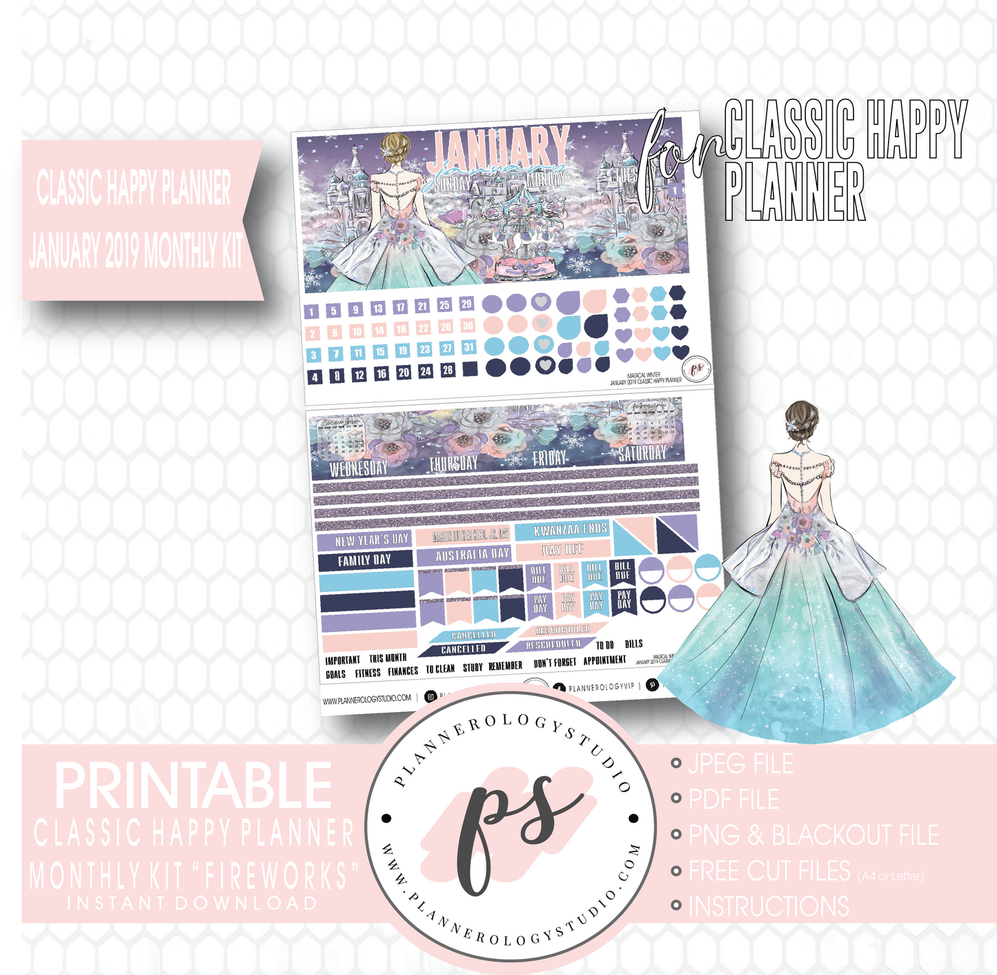 Magical Winter January 2019 Monthly View Kit Digital Printable Planner Stickers (for use with Classic Happy Planner) - Plannerologystudio