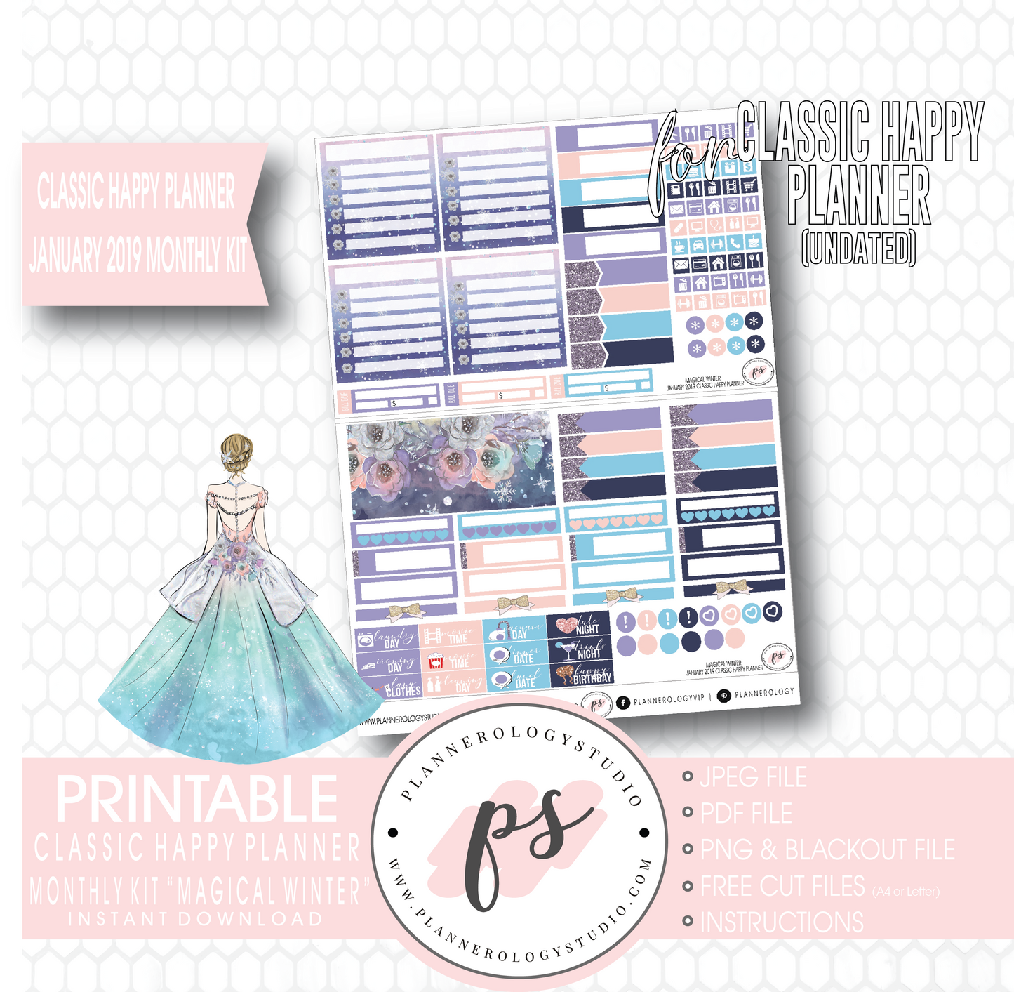 Magical Winter January 2019 Monthly View Kit Digital Printable Planner Stickers (for use with Classic Happy Planner) (Undated) - Plannerologystudio