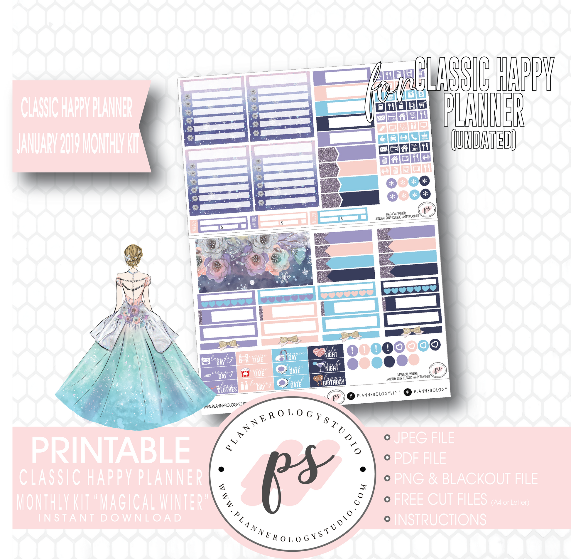 Magical Winter January 2019 Monthly View Kit Digital Printable Planner Stickers (for use with Classic Happy Planner) (Undated) - Plannerologystudio