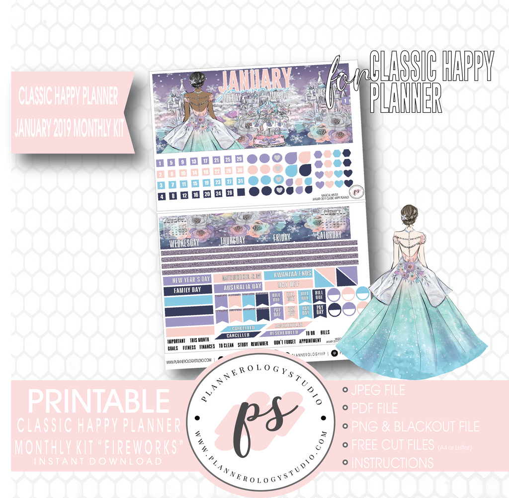 Magical Winter January 2019 Monthly View Kit Digital Printable Planner Stickers (for use with Classic Happy Planner) - Plannerologystudio