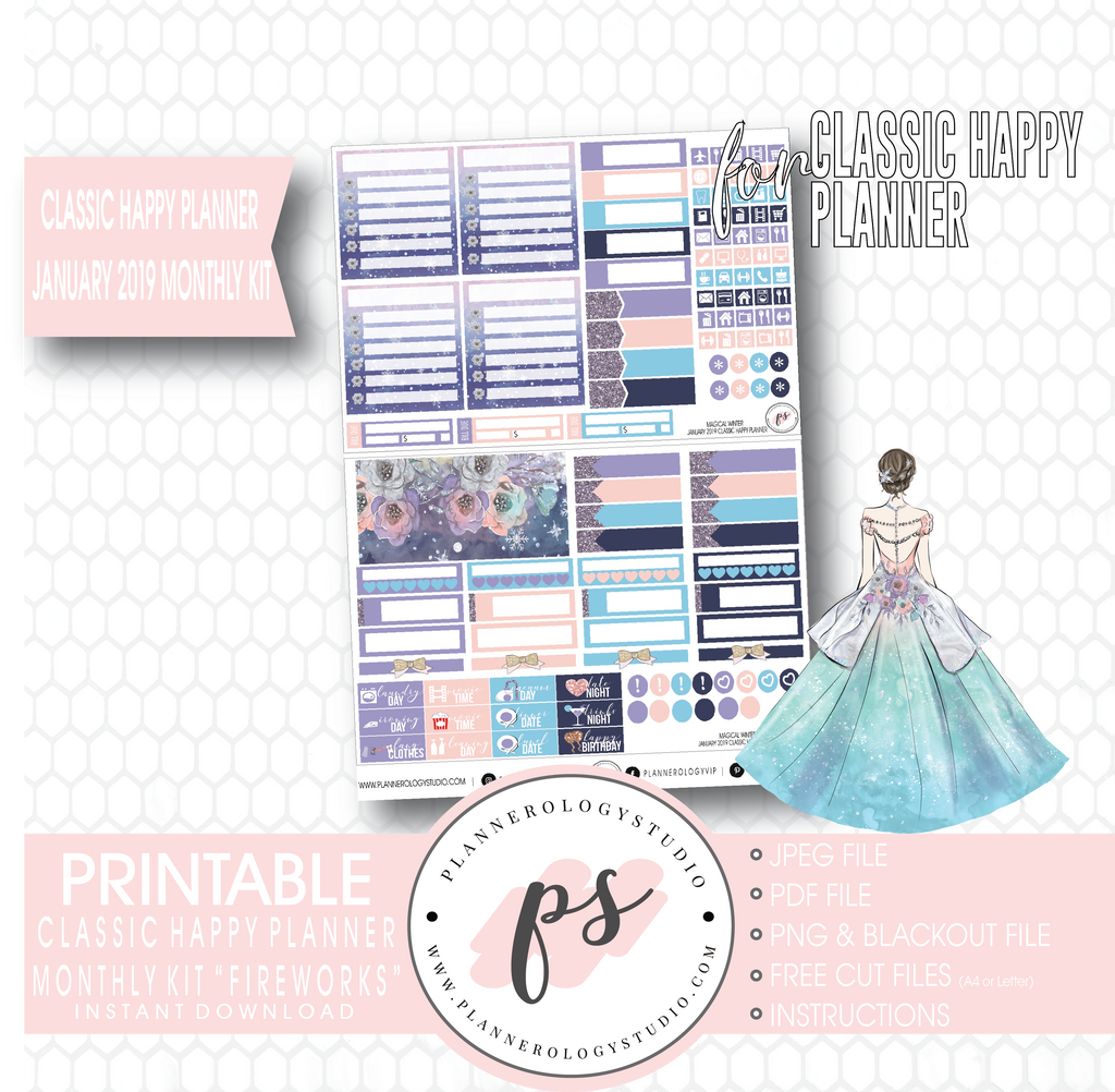 Magical Winter January 2019 Monthly View Kit Digital Printable Planner Stickers (for use with Classic Happy Planner) - Plannerologystudio