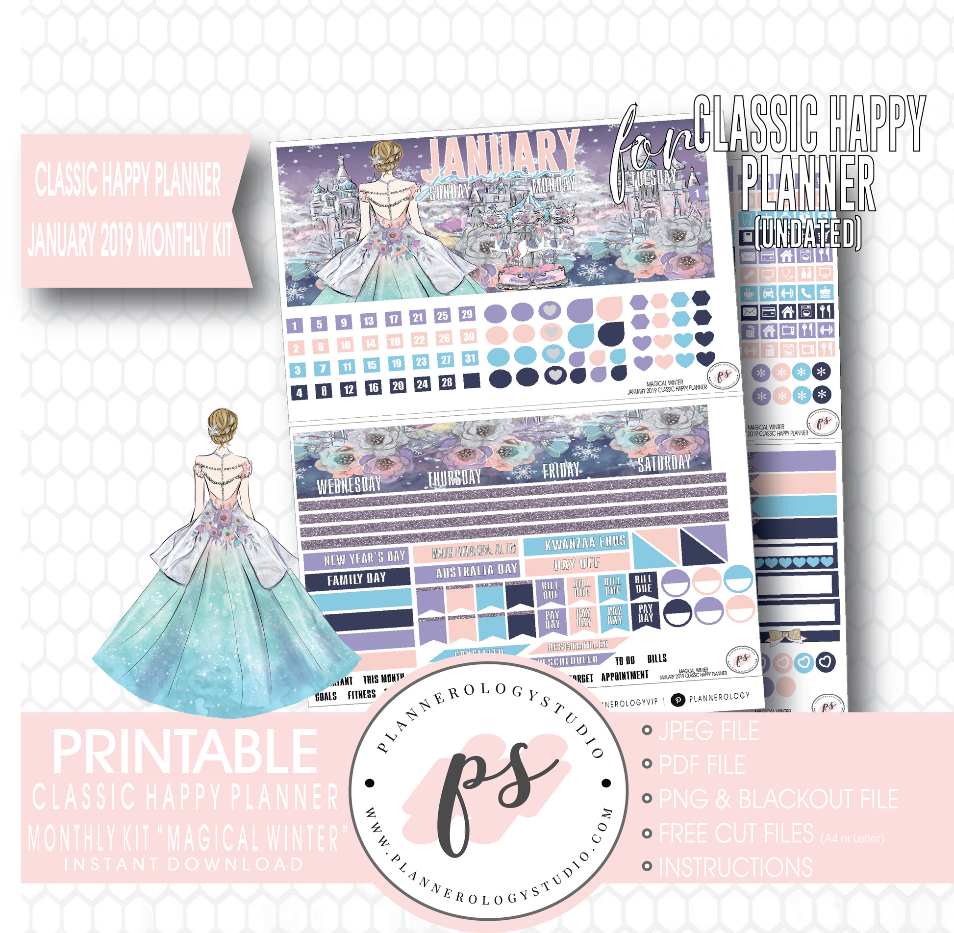Magical Winter January 2019 Monthly View Kit Digital Printable Planner Stickers (for use with Classic Happy Planner) (Undated) - Plannerologystudio