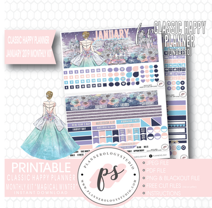 Magical Winter January 2019 Monthly View Kit Digital Printable Planner Stickers (for use with Classic Happy Planner) (Undated) - Plannerologystudio
