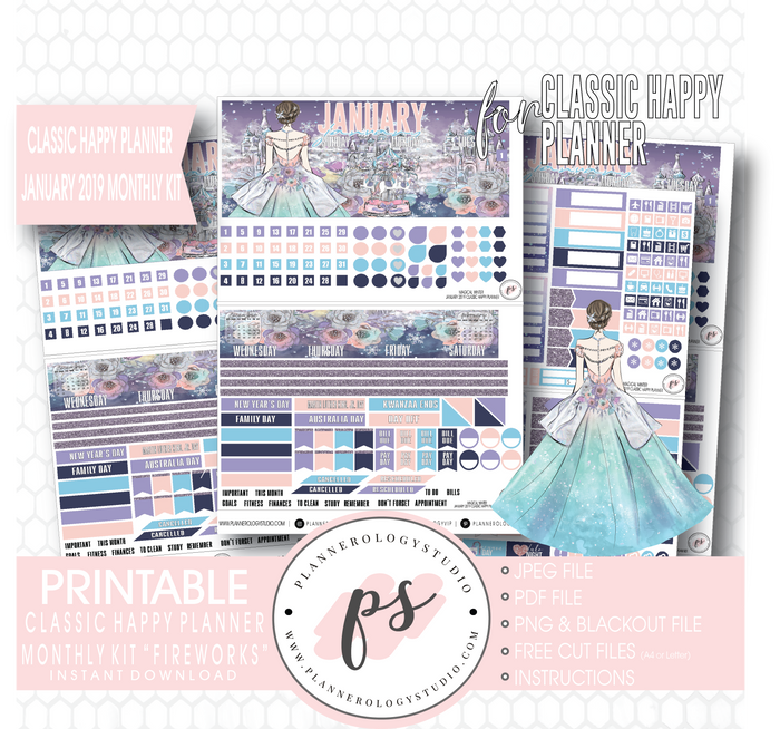 Magical Winter January 2019 Monthly View Kit Digital Printable Planner Stickers (for use with Classic Happy Planner) - Plannerologystudio
