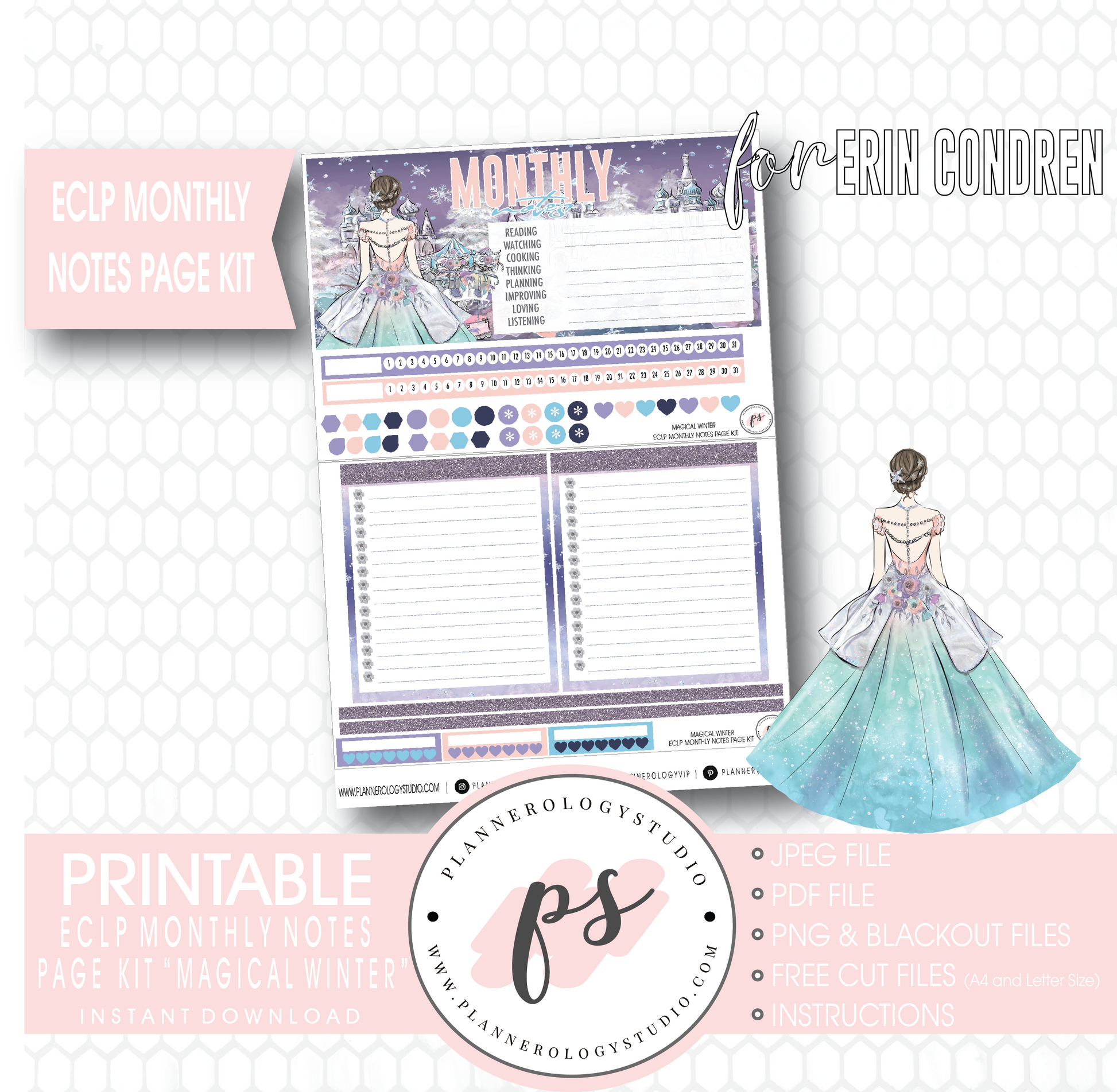 Magical Winter Monthly Notes Page Kit Digital Printable Planner Stickers (for use with Erin Condren) - Plannerologystudio