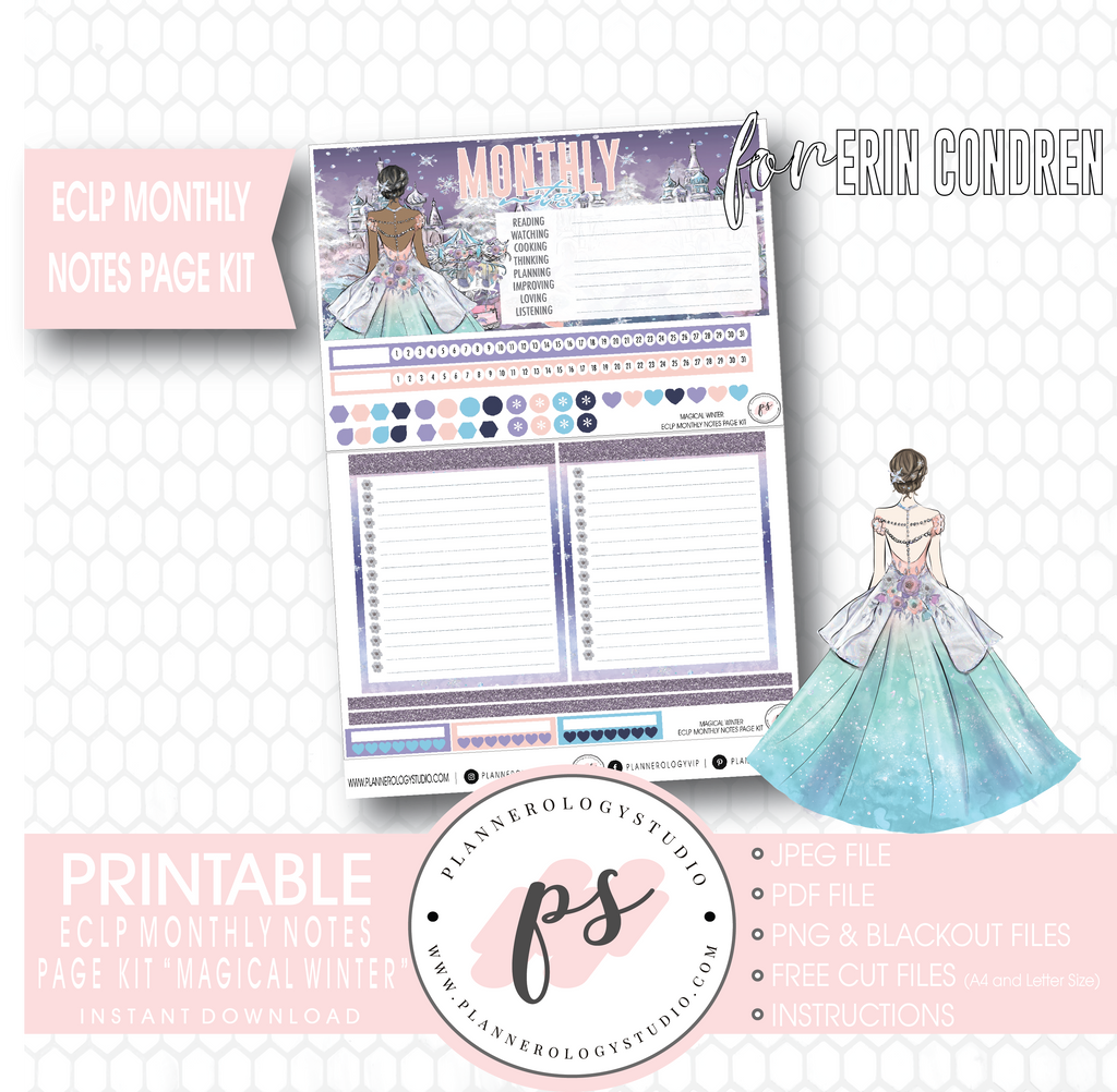 Magical Winter Monthly Notes Page Kit Digital Printable Planner Stickers (for use with Erin Condren) - Plannerologystudio