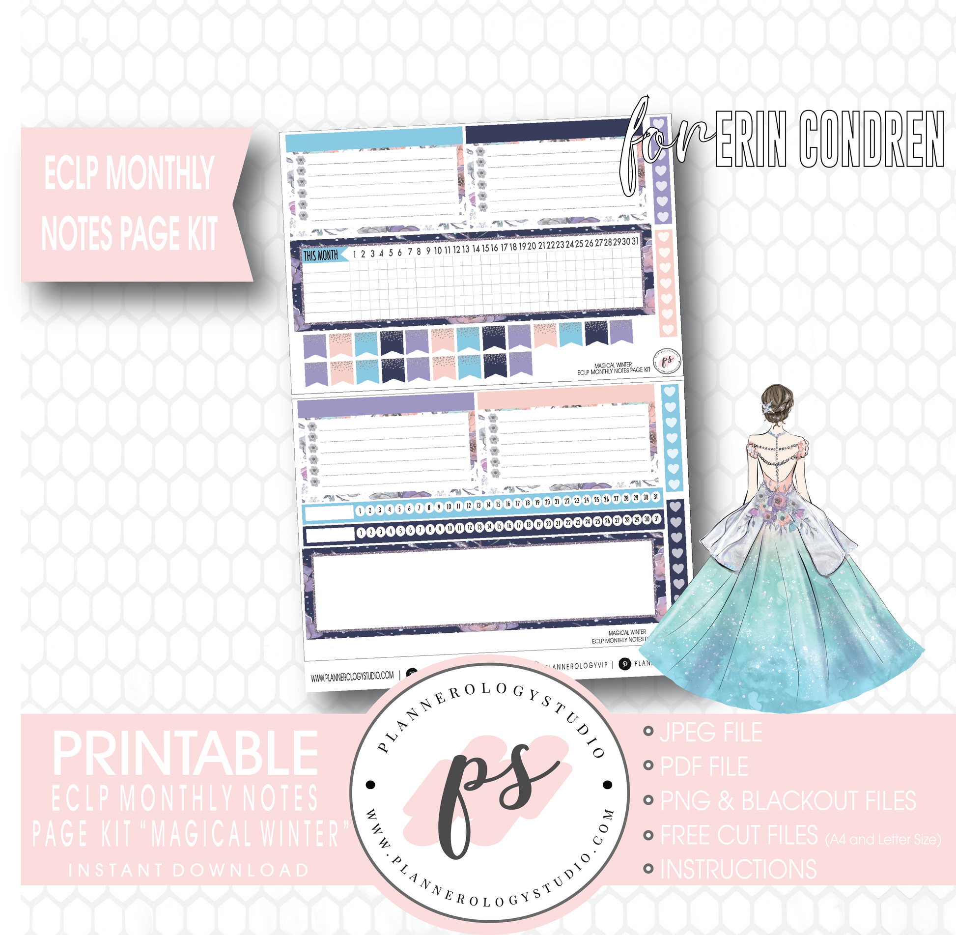 Magical Winter Monthly Notes Page Kit Digital Printable Planner Stickers (for use with Erin Condren) - Plannerologystudio