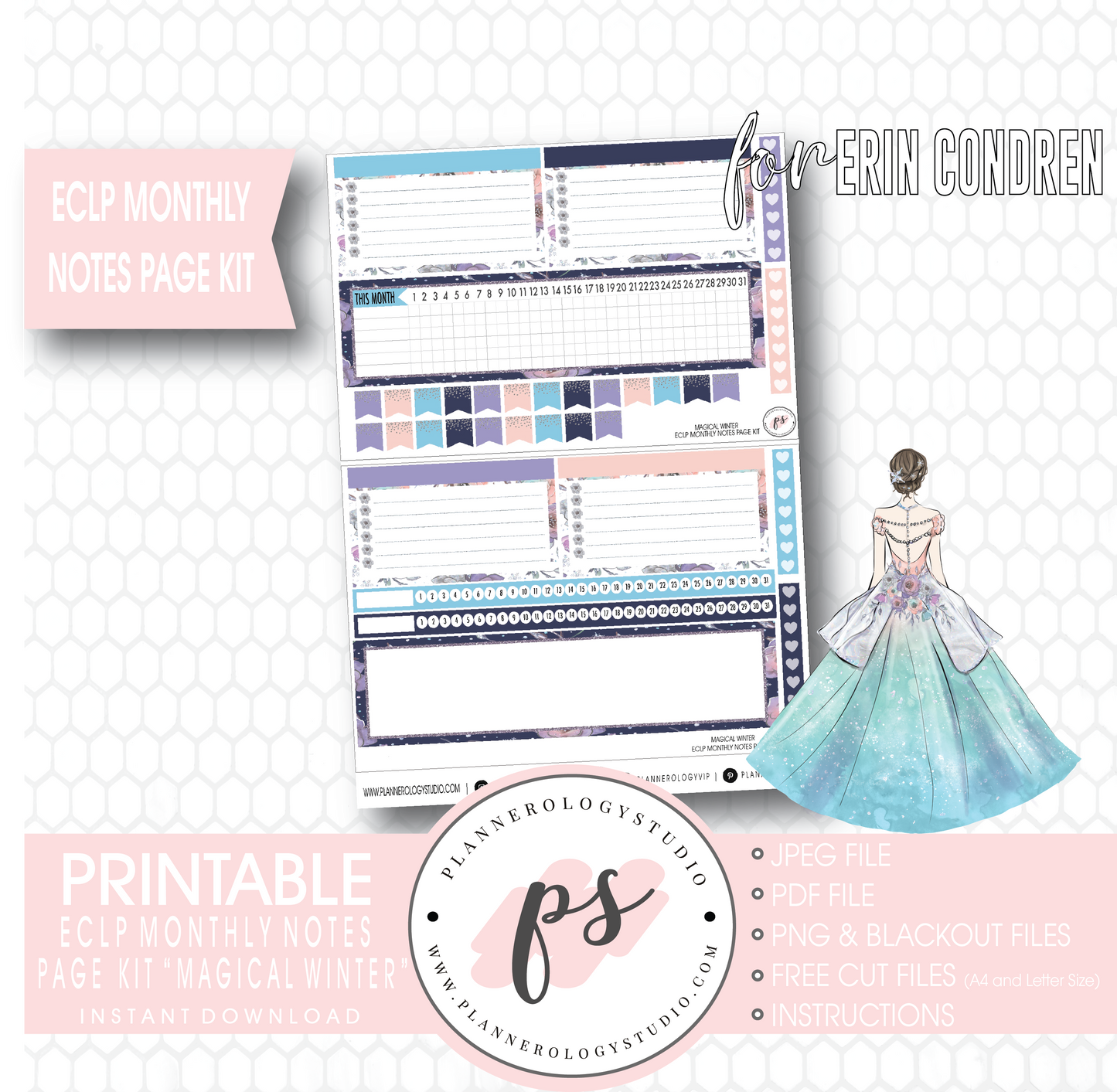 Magical Winter Monthly Notes Page Kit Digital Printable Planner Stickers (for use with Erin Condren) - Plannerologystudio