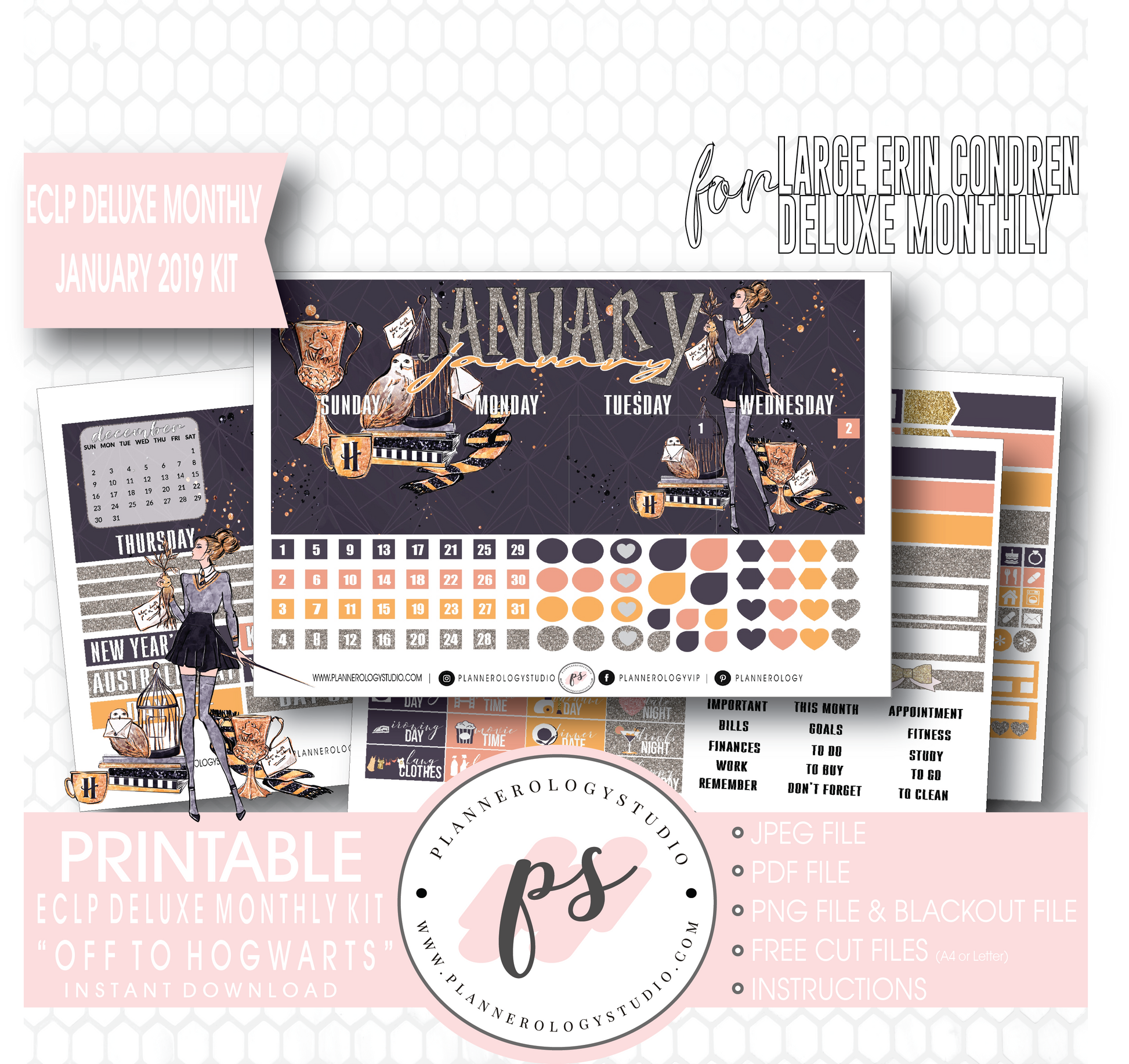 Off to Hogwarts January 2019 Monthly View Kit Digital Printable Planner Stickers (for use with Erin Condren Large Deluxe Monthly Planner) - Plannerologystudio