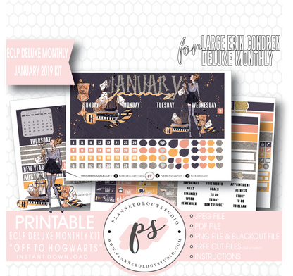 Off to Hogwarts January 2019 Monthly View Kit Digital Printable Planner Stickers (for use with Erin Condren Large Deluxe Monthly Planner) - Plannerologystudio